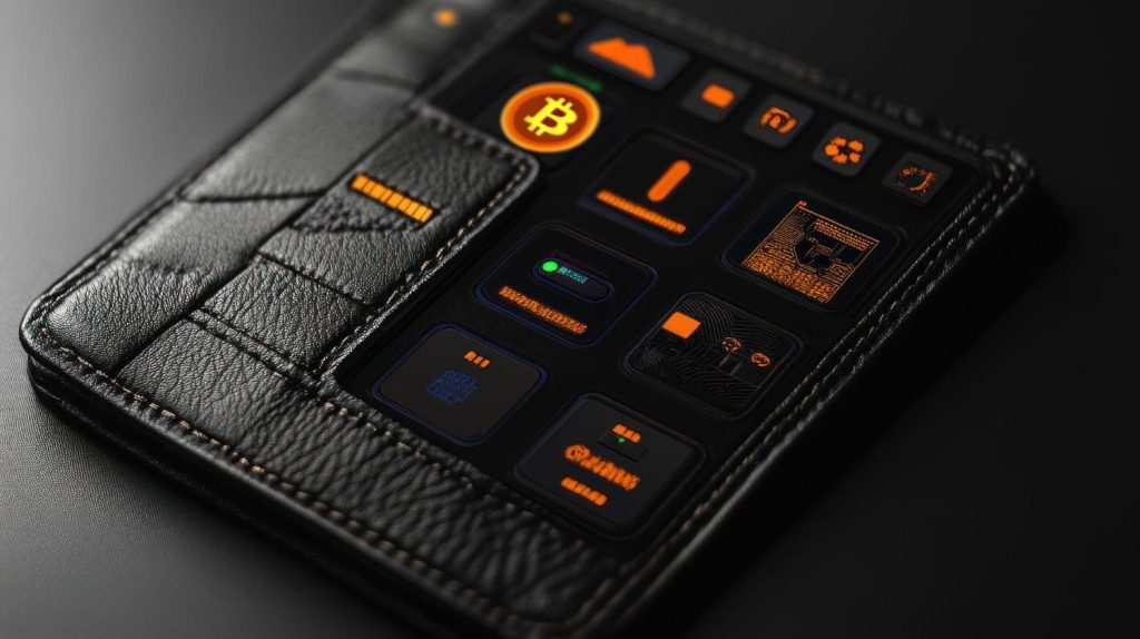 Close-up of a leather smartphone case displaying a digital crypto wallet interface with Bitcoin and security icons illuminated on screen.