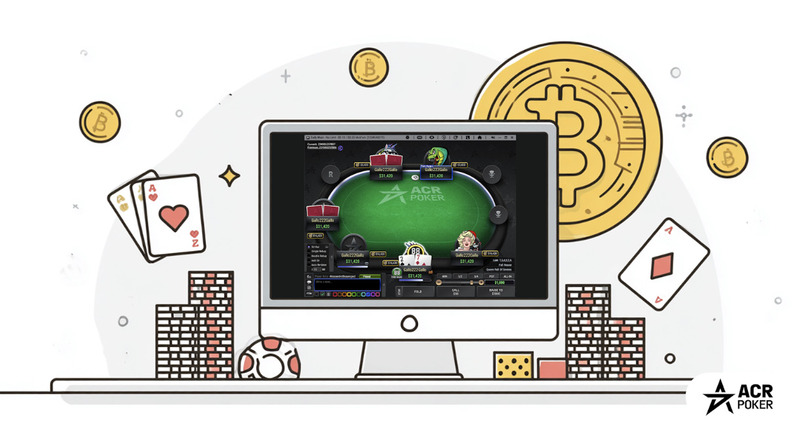 Illustration of an online poker table on a computer screen with Bitcoin coins, playing cards, and poker chips.
